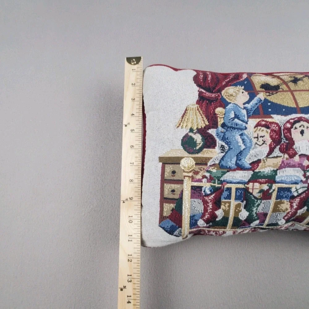 Vintage Tapestry Christmas Decor Pillow Kids in Bed Stockings Santa and Sleigh